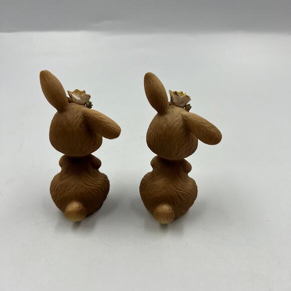 Vintage Josef Originals 2 Ceramic Bunny Rabbits Yellow Rose Bent Ears Figurines - Picture 2 of 8